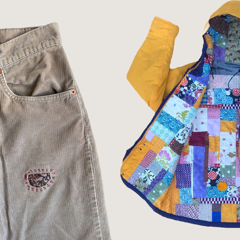 Pair of preloved corduroy trousers repaired by boroboro - alongside a yellow patagonia lined and altered 